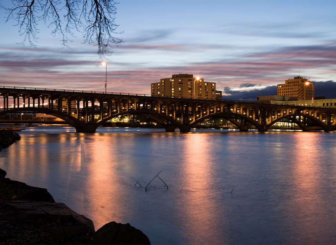 Rockford, IL - Bridge With Beautiful Lights Durning the Evening in Rockford, IL
